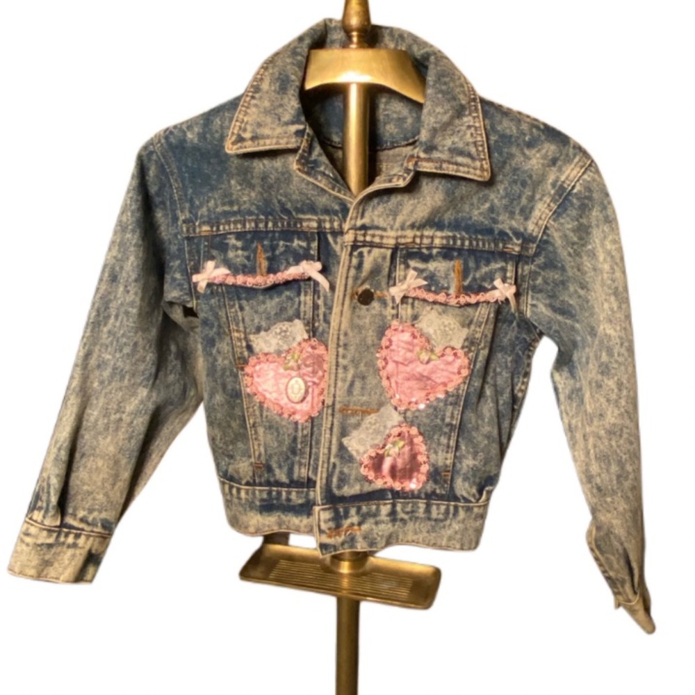 1980s Vintage One Of A Kind Hand Made Acid Washed Embellished Kids Jacket